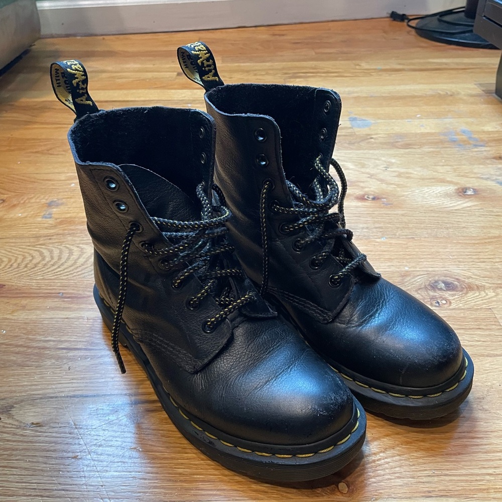 Dr. Martens Black Leather Boots with Yellow Stitching